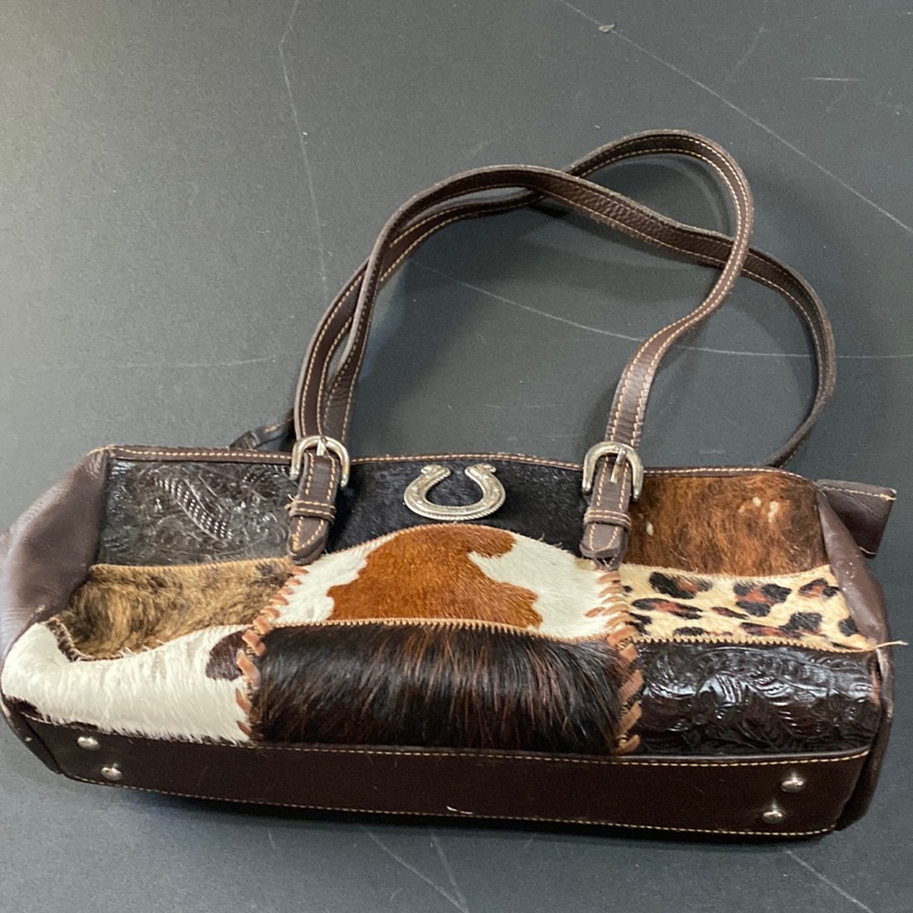 American West Patchwork Hair-on-Hide Shoulder Bag in Brown, Tan, White